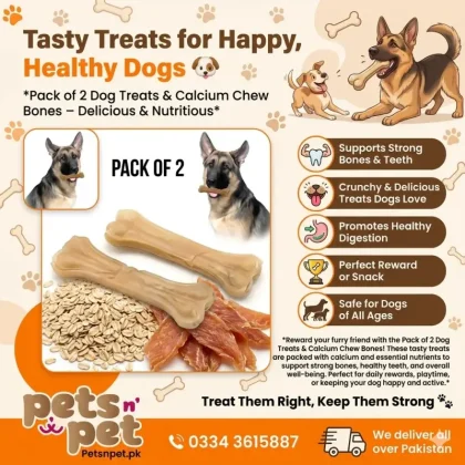 Buy Pack of 2 Dog Treats & Calcium Chew Bones at Petsnpet.pk. Delicious, crunchy treats enriched with calcium to support strong bones, healthy teeth,