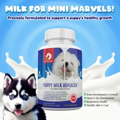 **Puppy Milk Replacer Description:** Puppy Milk Replacer (PMR) offers a vital source of nutrition for newborn, orphaned, or nursing puppies who need extra nourishment. Designed to closely mimic a mother dog's natural milk, PMR provides a complete and balanced diet to support a puppy’s healthy growth and development. This specialized formula delivers the essential proteins, fats, vitamins, and minerals that puppies require during their early stages of life. With PMR, you ensure that puppies receive all the nutrients they need to grow into strong, healthy dogs. This milk replacer contains high-quality proteins, such as whey protein concentrate, which supports the development of lean muscles and strong bones. The formula also includes the right balance of fats, which provide the energy that active, growing puppies need. It contains essential vitamins like A, D, and E to boost immune system function and support healthy skin and coat. Minerals such as calcium, phosphorus, and magnesium promote the formation of strong bones and teeth, ensuring that puppies develop properly during their critical growth phase. Additionally, PMR is enriched with probiotics and prebiotics to aid in digestion and support gut health, helping puppies absorb all the nutrients efficiently. You will find that PMR mixes easily with warm water, creating a smooth, creamy consistency that puppies can consume without difficulty. Its delicious taste encourages even the most reluctant puppies to feed, making it an ideal choice for bottle feeding or dish feeding. As puppies begin to transition to solid food, you can also blend PMR with their dry or wet puppy food, helping them adjust to their new diet gradually. Additionally, you can use PMR to supplement the diet of adult dogs during periods of pregnancy, lactation, or recovery from illness, ensuring that they receive extra support during these demanding times. To use PMR effectively, always follow the recommended mixing instructions. Use one part of PMR powder and mix it with two parts of warm water, shaking or stirring well until you achieve a smooth mixture. You should prepare fresh formula for each feeding, storing any unused prepared formula in the refrigerator and using it within 24 hours. Store the powder in a cool, dry place with the container tightly sealed to maintain its freshness and quality. This ensures that each feeding provides the maximum benefit for your puppies. Puppy Milk Replacer offers a convenient and reliable solution for breeders, pet owners, and rescue organizations looking to provide the best care for their puppies. You can rest assured that PMR will support steady weight gain, robust immune system development, and overall vitality in your puppies. This formula helps puppies thrive during their critical early weeks of life, providing a strong foundation for their future health. With consistent use of PMR, you will see your puppies grow stronger, healthier, and more energetic every day. By choosing PMR, you provide your puppies with the best start in life. The rich nutrients in PMR help them develop healthy bones, maintain a shiny coat, and enjoy optimal energy levels. PMR offers more than just a meal; it provides the vital support puppies need to become healthy, happy companions. Give your puppies the chance to flourish by making Puppy Milk Replacer a part of their daily feeding routine.