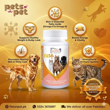 Alpha Fat Plus is a premium nutritional supplement crafted specifically for cats and dogs, delivering a rich blend of essential fats to enhance their overall health and vitality. Designed with precision, this supplement supports various aspects of pet health, including energy production, healthy weight maintenance, skin and coat nourishment, and immune system reinforcement. Alpha Fat Plus helps your pets stay active, healthy, and happy every day. Essential Fatty Acids for Optimal Health Alpha Fat Plus contains high-quality essential fatty acids (EFAs) that contribute significantly to your pet’s overall well-being. These EFAs, including omega-6 and omega-9, play a vital role in maintaining cellular integrity, supporting hormone production, and improving metabolic function. By incorporating Alpha Fat Plus into your pet’s daily diet, you ensure they receive the nutrients needed for sustained energy and vitality. Promotes Healthy Weight Management Alpha Fat Plus is carefully formulated to support healthy weight management in both cats and dogs. The supplement provides concentrated energy through fats, helping underweight pets gain muscle and recover their ideal weight. At the same time, its balanced formula prevents excessive fat accumulation, ensuring your pet maintains a healthy body condition without the risk of obesity. Supports Skin and Coat Health The essential fats in Alpha Fat Plus deeply nourish your pet’s skin and coat, making it an ideal solution for pets with dry, flaky skin or dull fur. With regular use, your pet enjoys improved skin hydration, reduced itching, and a shinier, healthier coat. This supplement also works to minimize shedding, keeping your home cleaner and your pets more comfortable. Boosts Energy Levels Alpha Fat Plus serves as an excellent source of energy, helping active pets perform better during their daily activities. Whether your pet enjoys long walks, playful romps, or intensive training, this supplement provides the energy needed to keep them going strong. It’s also perfect for aging pets, ensuring they stay energetic and engaged as they grow older. Strengthens the Immune System By supplying a blend of healthy fats, Alpha Fat Plus actively supports the immune system, enabling your pet to fight off illnesses and infections more effectively. Its high-quality formula helps improve cellular repair and regeneration, ensuring your pet stays in optimal health. A strong immune system reduces the risk of common ailments, giving you peace of mind about your pet’s well-being. Improves Digestive Health Alpha Fat Plus supports digestive health by promoting nutrient absorption and a healthy gut environment. Its easily digestible formula ensures your pet enjoys the full benefits of their meals without experiencing digestive discomfort. This makes it ideal for pets with sensitive stomachs or those recovering from illness. Convenient and Easy to Use Administering Alpha Fat Plus is simple and hassle-free. You can easily mix it into your pet’s regular food or offer it directly. Its palatable taste ensures your pets enjoy their meals while receiving all the nutritional benefits. This convenience makes Alpha Fat Plus a great addition to your pet’s daily routine. 100% Safe and Reliable Alpha Fat Plus is made from natural, high-quality ingredients and contains no harmful additives, preservatives, or artificial flavors. Every batch undergoes rigorous quality checks to ensure it meets the highest safety standards, making it suitable for cats and dogs of all breeds, sizes, and life stages. Why Choose Alpha Fat Plus? Delivers essential fatty acids for optimal health. Supports healthy weight management and energy production. Improves skin and coat condition, reducing dryness and shedding. Boosts immune function and enhances overall vitality. Safe, natural, and easy to administer. Conclusion Alpha Fat Plus for Cats and Dogs is a versatile and effective supplement designed to meet the unique nutritional needs of your pets. Its superior blend of essential fats ensures your furry companions enjoy a healthier, happier, and more active lifestyle. Add Alpha Fat Plus to your pet’s diet today and experience the difference in their energy, appearance, and overall well-being.