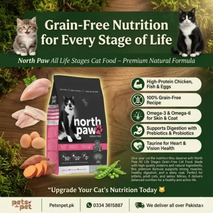 North Paw All Life Stages Grain-Free Cat Food provides high-quality protein, essential nutrients, and a grain-free formula for cats of all ages.