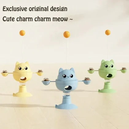 Interactive cat toy with turntable, spring teaser, and leaky food ball—promotes slow feeding, active play, and mental stimulation for all cats.