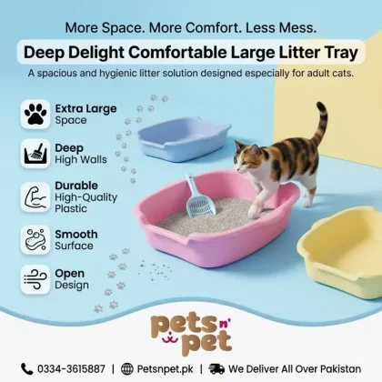 Spacious and easy to clean, the Deep Delight Litter Tray offers adult cats a comfortable and mess-free experience. High sides reduce scatter. Random colors