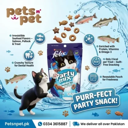 Delight your cat with FELIX Party Mix Seafood Mix 60g – crunchy treats with salmon, pollock & trout, enriched with vitamins & omega-3.