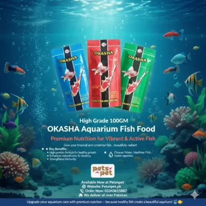 Buy OKASHA Aquarium Fish Food High Grade 100gm in Pakistan at best price. Premium nutrition for healthy growth, vibrant colors, and strong immunity.