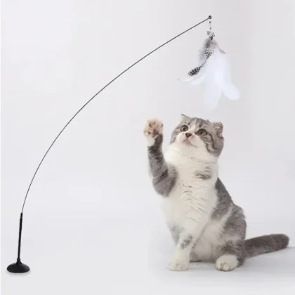 Interactive cat toy with steel wire, feather, suction cup & bell. Fun, safe, and durable toy keeps cats active, healthy, and entertained.