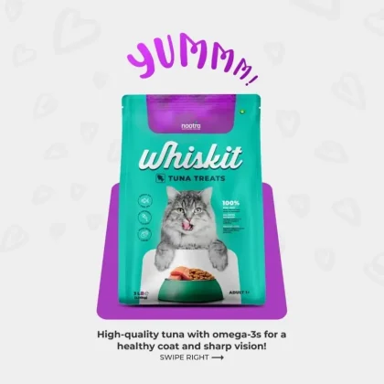 Whiskit Cat Food – Tuna Treats Flavor is made with real tuna, packed with protein, vitamins, and taurine to support strong muscles, healthy digestion, shiny coat, and overall feline wellness.