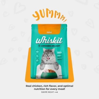 Whiskit Cat Food – Chicken Delight is made with real chicken, rich protein, and essential nutrients to support strong muscles, healthy digestion, shiny coat, and overall vitality.