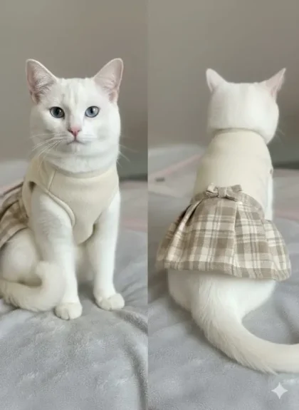 Dress your cat in style with this Elegant Beige Checkered Dress. Soft, cozy, and perfect for all sizes. Shop premium cat outfits at Petsnpet.pk!