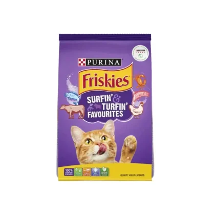 Buy Friskies Surfin’ & Turfin’ Favorites Adult Dry Cat Food 2.5kg in Pakistan. A tasty blend of chicken, beef, salmon and ocean whitefish that supports strong muscles, shiny coat and overall health. Perfect daily nutrition for adult cats.