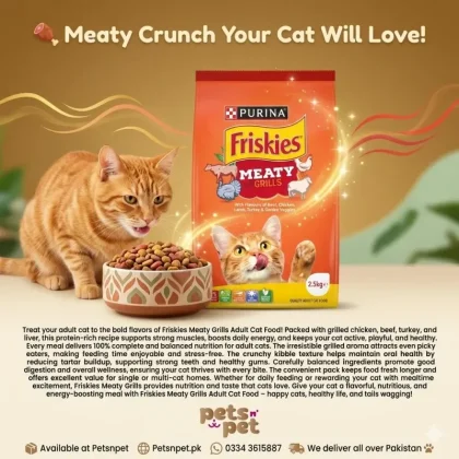 Buy Friskies Meaty Grills Adult Cat Food 2.5kg in Pakistan. Rich grilled flavors of chicken, beef and turkey. Supports strong muscles, shiny coat, good digestion and complete balanced nutrition for adult cats.
