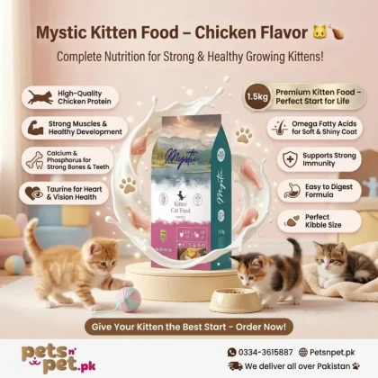 Buy Mystic Kitten Food Chicken 1.5kg for complete and balanced nutrition. Supports strong bones, immunity, digestion, and a shiny coat for growing kittens.