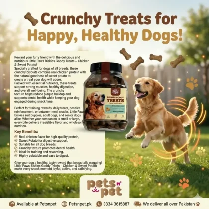 Buy Little Paws Biskies Goody Treats Chicken & Sweet Potato for all dog breeds at Pets n Pets. Crunchy, nutritious dog biscuits perfect for training, digestion support