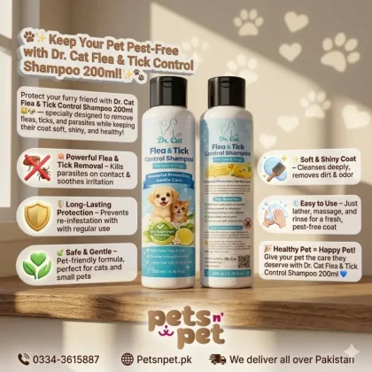 Protect your cat or small pet from fleas and ticks with Dr. Cat Flea & Tick Control Shampoo 200ml. Kills parasites on contact, prevents re-infestation