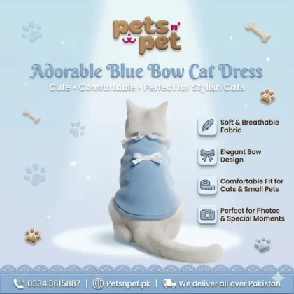 blue cat dress, cat dress with bow, cute cat outfit, cat clothes Pakistan, pet cat dress, stylish cat dress, cat fashion outfit, small pet dress, buy cat clothes online Pakistan, petsnpet cat dress