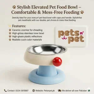 Upgrade your pet’s mealtime with the Anti-Slip Elevated Pet Food Bowl. Durable stainless steel bowl with stable base, perfect for cats and small dogs. Available at Petsnpet.pk – We deliver all over Pakistan