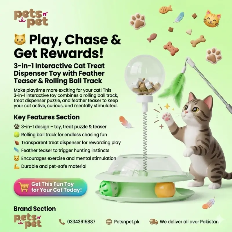 3-in-1 Interactive Cat Treat Dispenser Toy with Feather Teaser & Rolling Ball Track