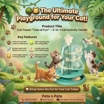 Cat Tower Tree of Fun 3-in-1 Cat Activity Center — Turntable, Ball Track & Spring Teaser