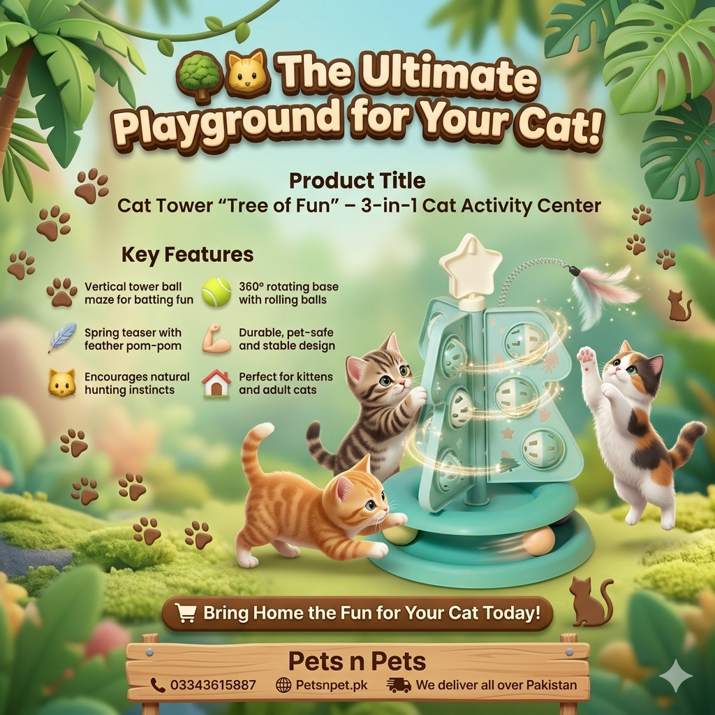 Cat Tower Tree of Fun 3-in-1 Cat Activity Center — Turntable, Ball Track & Spring Teaser