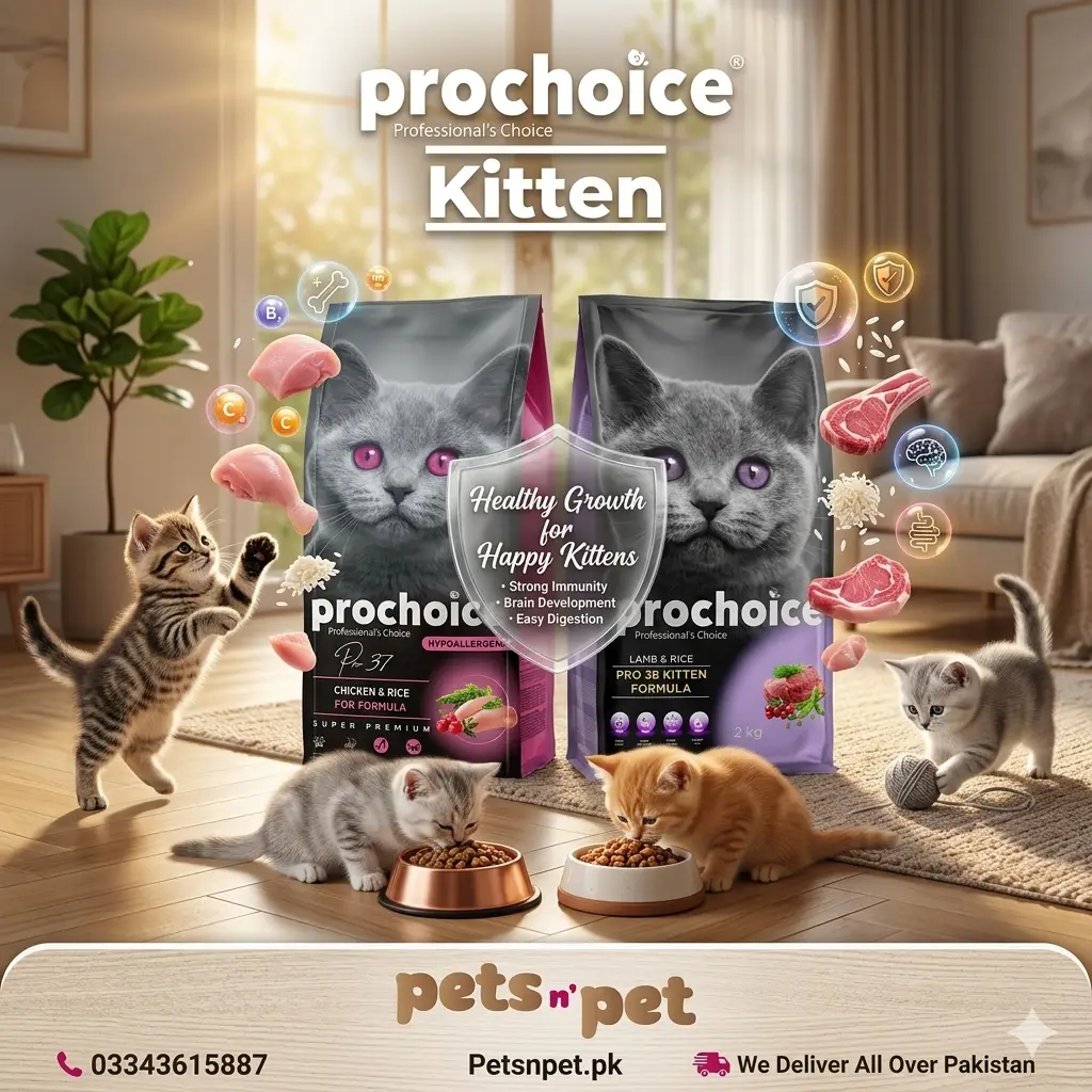 Create in 3d Create a luxurious, heartwarming, and highly detailed promotional image for Petsnpet featuring “ProChoice Kitten Food 2kg – Chicken & Rice | Lamb & Rice Formula.” The scene should show multiple adorable playful kittens in a cozy modern home environment, happily eating from elegant bowls beside the ProChoice Kitten Food bag placed prominently in the center as the hero product. Use an ultra-realistic premium pet-food advertising style with cinematic lighting, soft depth of field, and detailed kitten fur textures. Include subtle floating ingredients like fresh chicken pieces, tender lamb cuts, rice grains, vitamins, and glowing nutrition particles surrounding the product to visually represent growth, immunity, brain development, and healthy digestion. The atmosphere should feel warm, loving, and energetic with soft golden sunlight entering through windows, modern home décor, and clean premium aesthetics. Use rich warm tones such as cream, gold, soft brown, and gentle orange highlights to create an emotional and trustworthy brand appeal. Include stylish modern promotional text: “ProChoice Kitten Food 2kg” “Chicken & Rice | Lamb & Rice” “Healthy Growth for Happy Kittens” “Strong Immunity • Brain Development • Easy Digestion” Add premium branded footer details: Petsnpet.pk 📞 03343615887 🚚 We Deliver All Over Pakistan The final composition should look like a professional Facebook & Instagram premium pet-food advertisement with elegant typography, balanced layout, realistic textures, luxury branding, and a unique visually engaging design that attracts cat owners instantly.