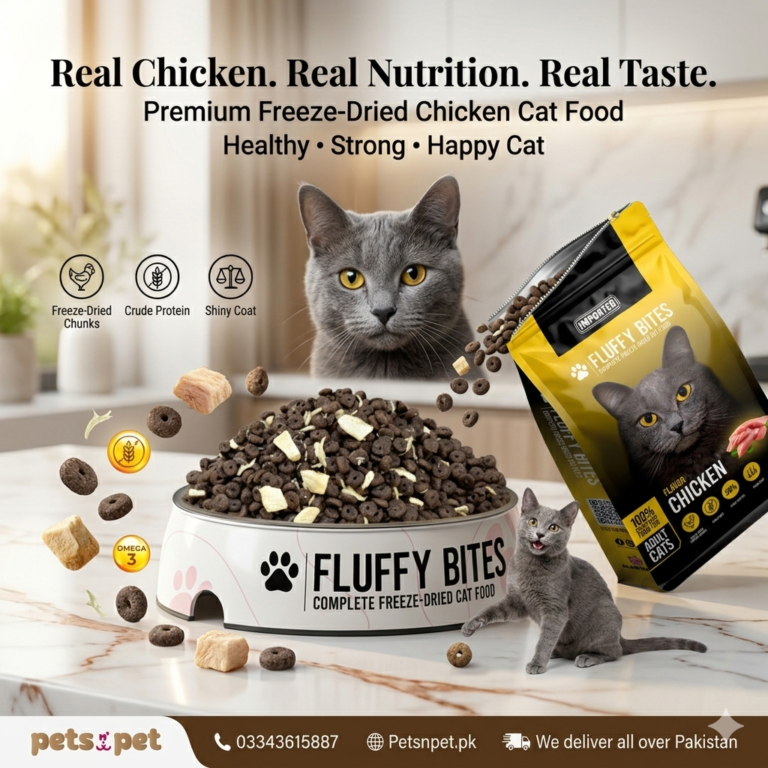 Fluffy Bites Premium Cat Food with real freeze dried chunks of chicken