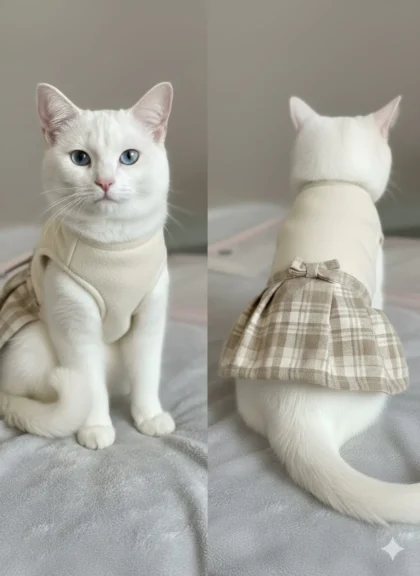 🎀 Luxury 'Bow-Back' Plaid Cat Dress | Preppy, Pleated Kitten Skirt & Vest | Adorable Pet Fashion S-M-L