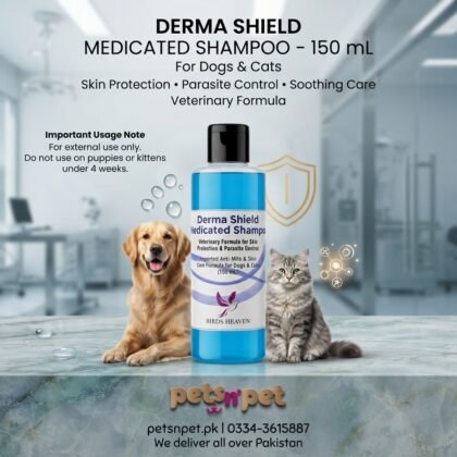 Create a professional, veterinary-focused Facebook & Instagram promotional post for Petsnpet featuring: Product Derma Shield Medicated Shampoo – 150 mL Veterinary Formula for Skin Protection & Parasite Control Visual Direction Use the actual Derma Shield Medicated Shampoo 150 mL bottle as the main focal point. Create a clean clinical veterinary theme that communicates professional skin and coat care. Feature a healthy-looking dog and cat with clean, well-groomed coats naturally positioned around the product. Add subtle visual elements representing skin protection, parasite control and soothing care, such as clean skin/coats, water droplets and subtle veterinary-inspired graphics. Use a fresh new background and color theme, different from previous Petsnpet designs. Give the product a premium veterinary-pharmacy presentation with professional lighting and sharp packaging details. Keep the bottle large and clearly readable. Avoid making exaggerated medical claims or showing disturbing skin conditions. Maintain a clean, trustworthy and professional composition suitable for a veterinary pet-care product. Text to Display DERMA SHIELD MEDICATED SHAMPOO – 150 mL For Dogs & Cats Skin Protection • Parasite Control • Soothing Care Veterinary Formula Important Usage Note For external use only. Do not use on puppies or kittens under 4 weeks. Branding Petsnpet Petsnpet.pk 0334-3615887 We deliver all over Pakistan Make Petsnpet branding clearly visible while keeping Derma Shield as the primary focus. The final artwork should look like a premium veterinary skincare advertisement suitable for Facebook and Instagram.
